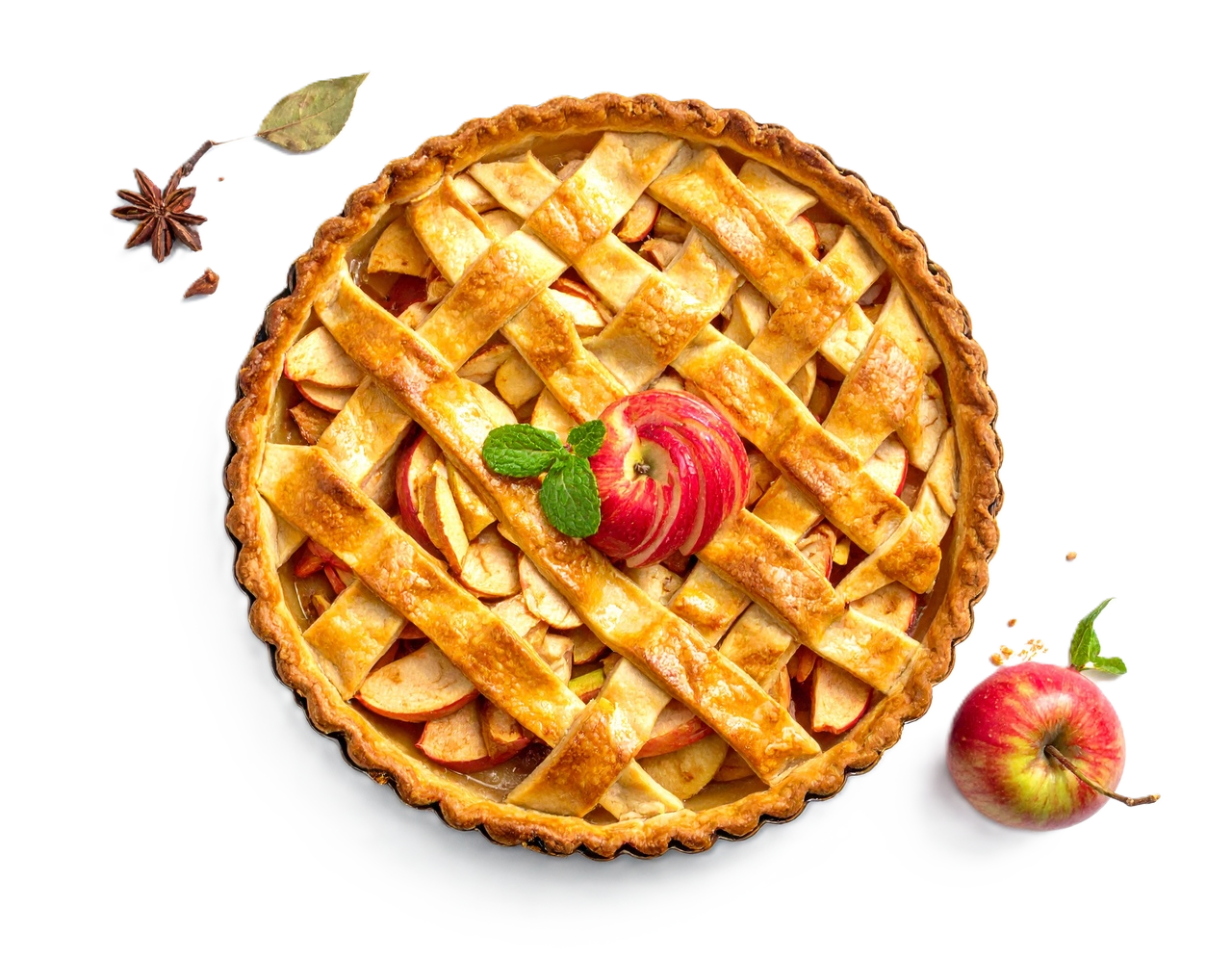 Apple pie with criss cross crust from above on a white background