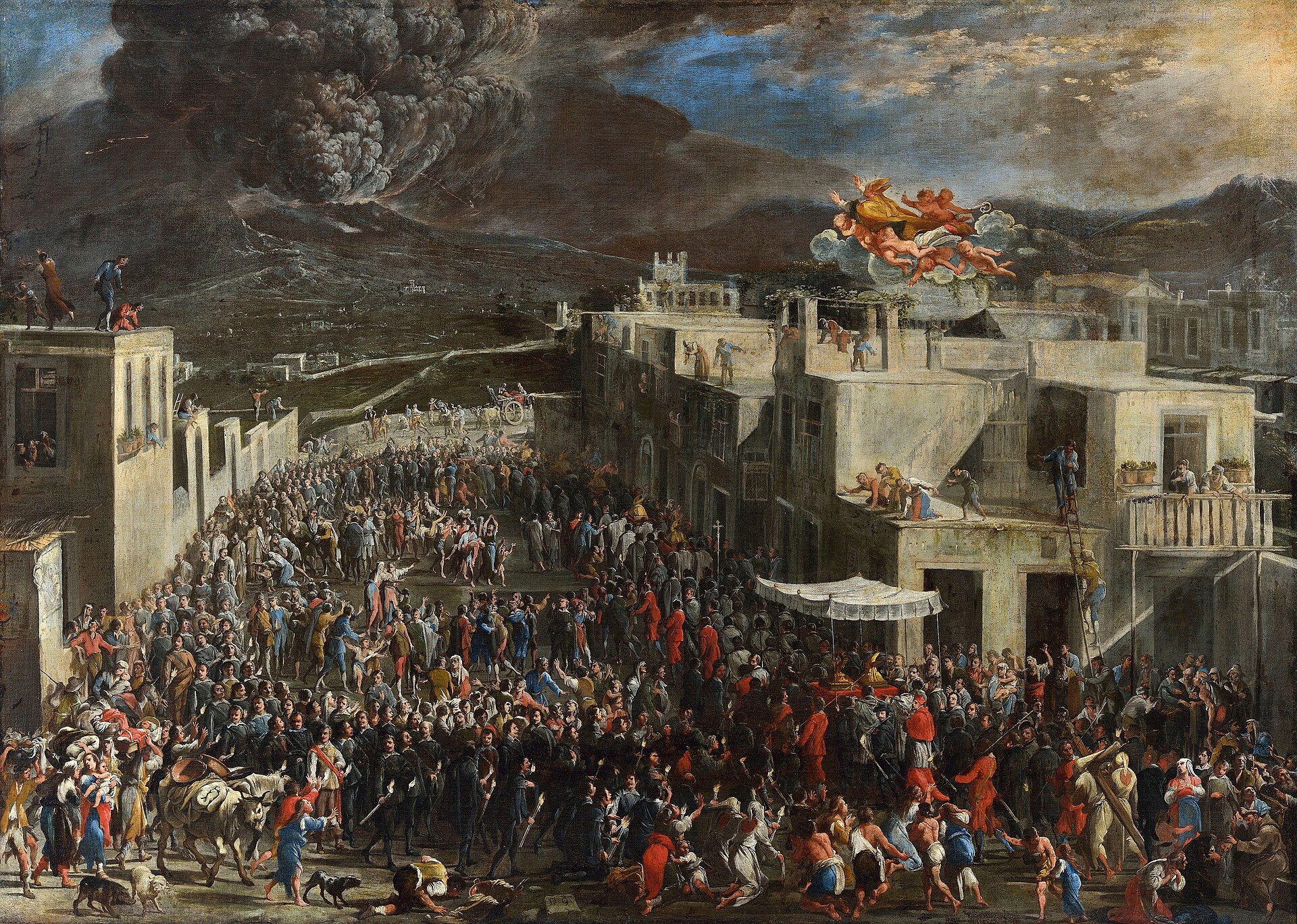 image of an oil painting by Domenico Gargiulo made in 1656. It depicts the eruption of Vesuvius of 1631