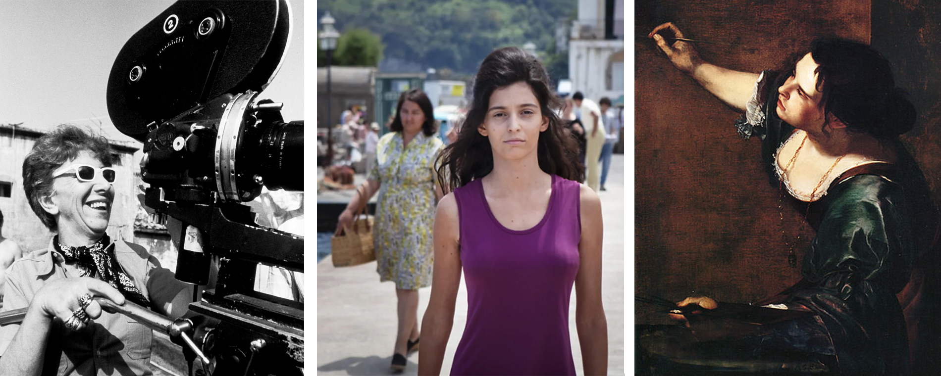 Lina Wertmuller, a still from an Italian film, and a self portrait from the artist Gentileschi.