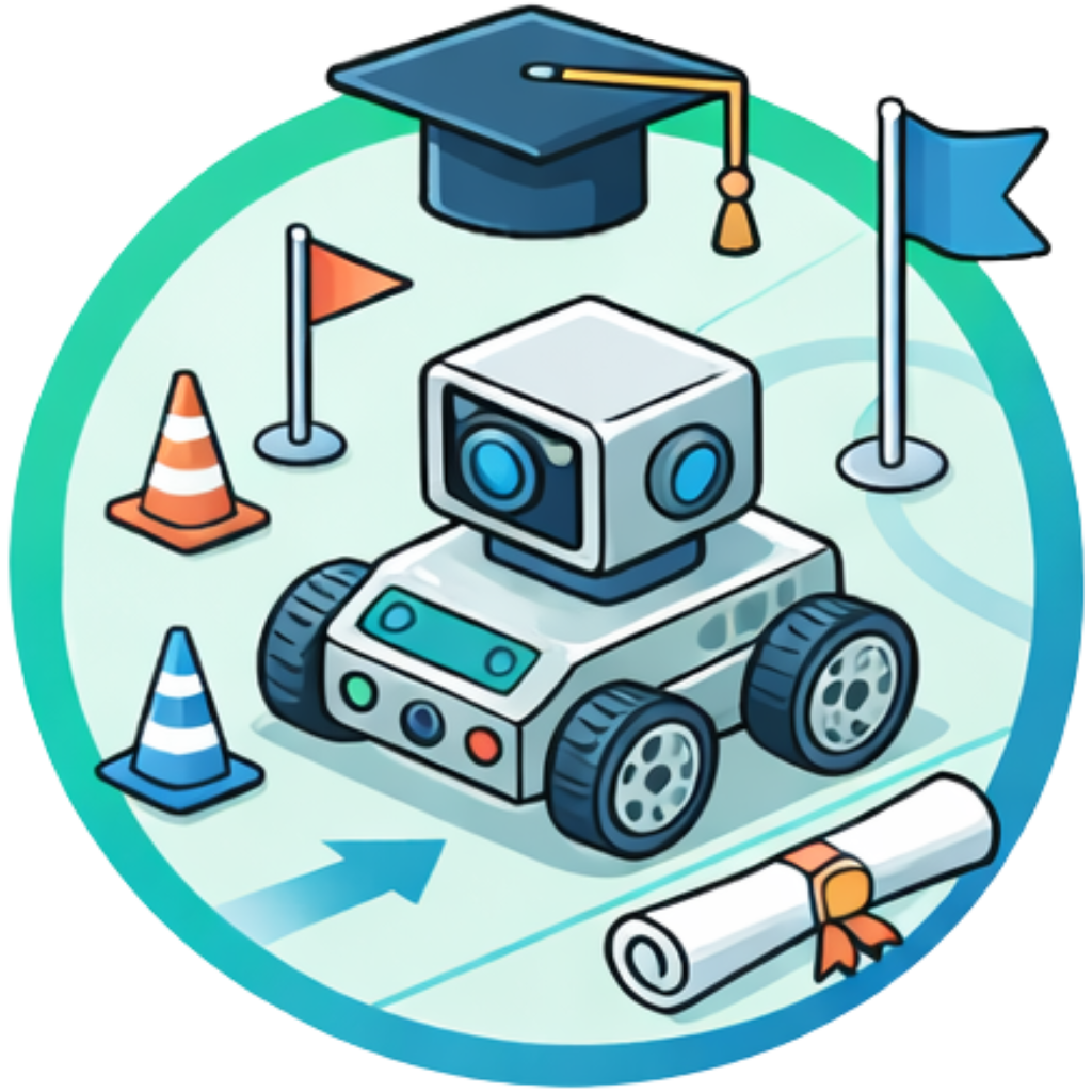 A robot maneuvering effortlessly through an obstacle course with a graduation cap above it